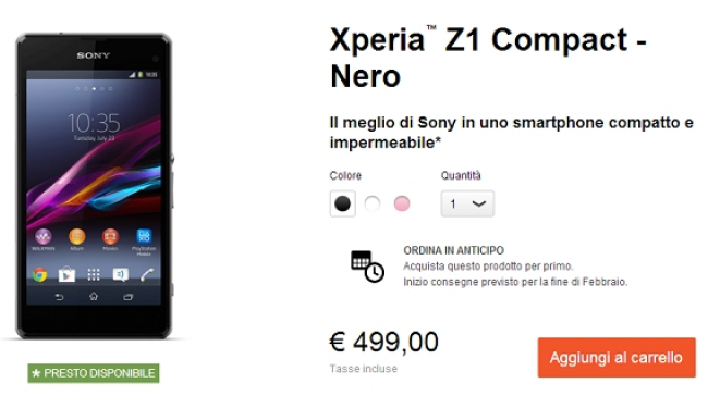 Novità smartphone febbraio 2014, nuovo Sony Xperia Z1 Compact: in omaggio cuffie per ordini online